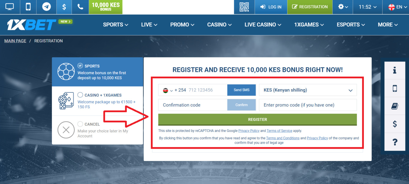 How to register 1xBet via SMS At Kenya?